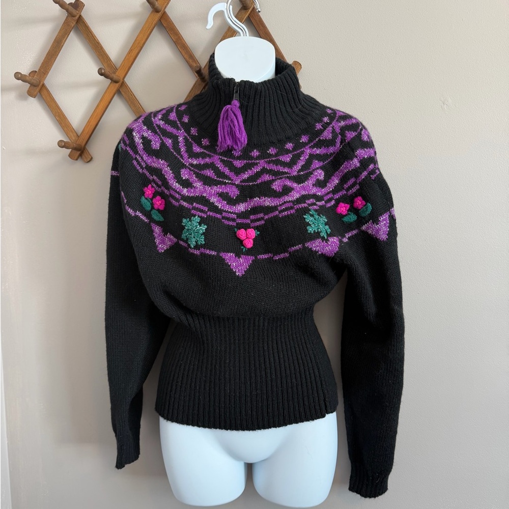 Black Floral Vintage Obermeyer Wool Blend Apres Ski Medium